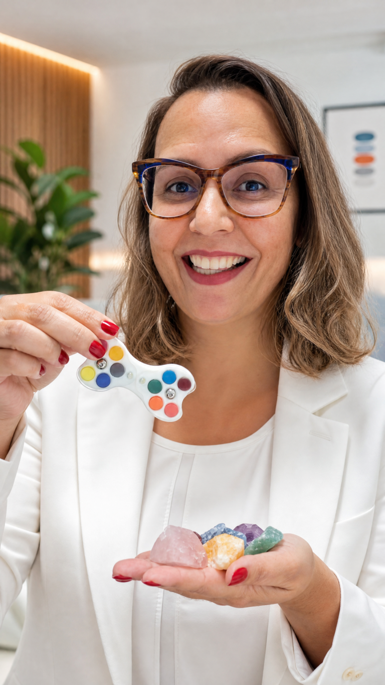 Terapeuta Liliane segurando materail de trabaho